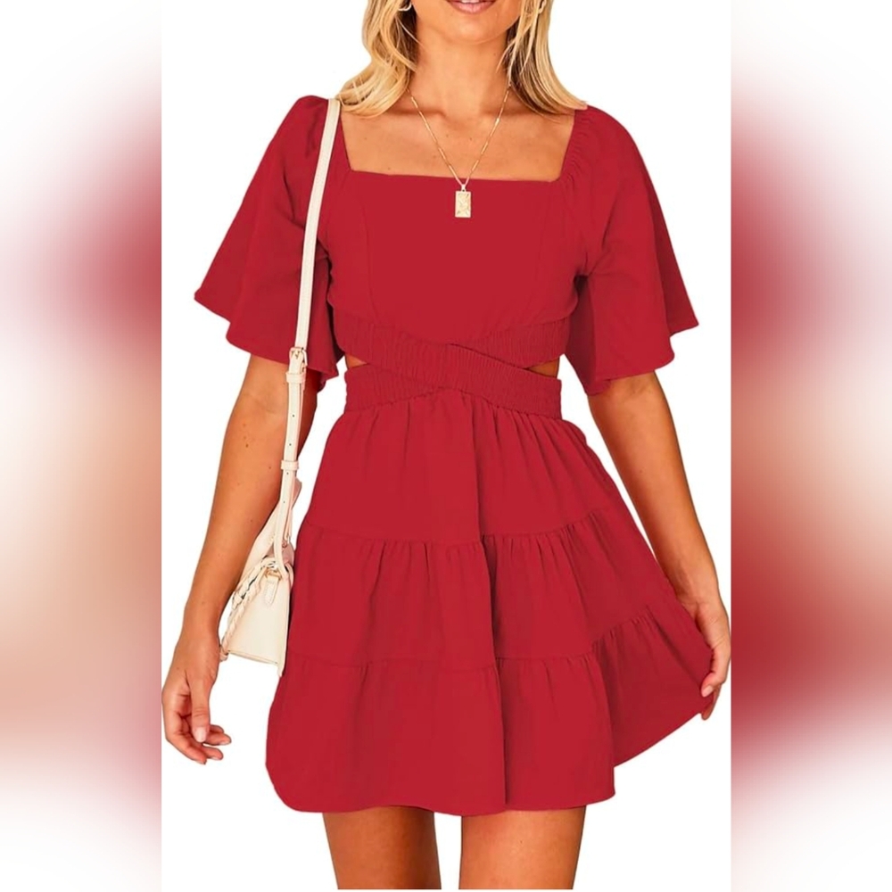 Red Square-Neck Mini Dress with Flutter Sleeves